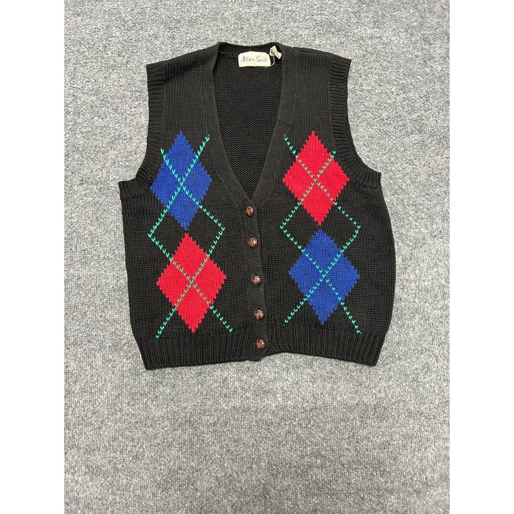 Allison Smith Sweater Vest Womens Size M Black Argyle Knit Button Front Preppy